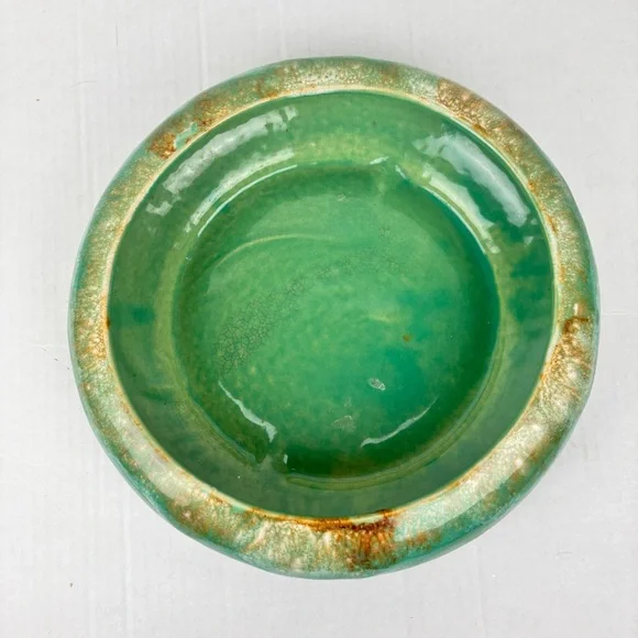 VTG round shallow planter by R. Ransbottom Pottery/Roseville OH-green drip glaze - Picture 7 of 11